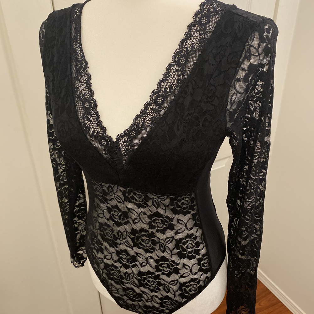 Black Lace Long-Sleeve Bodysuit